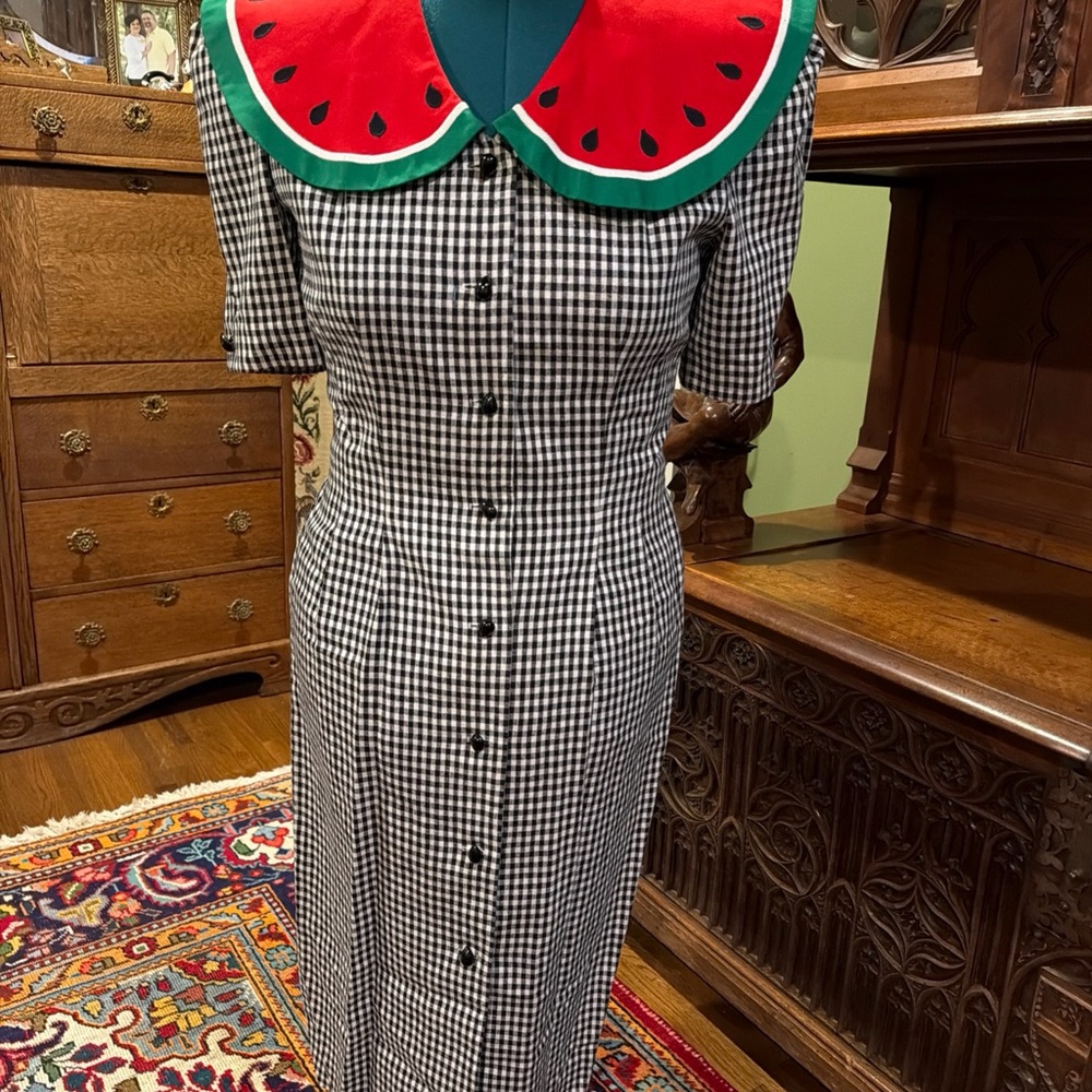 Vintage 1980s Watermelon Collar Black and White Gingham Teacher Dress